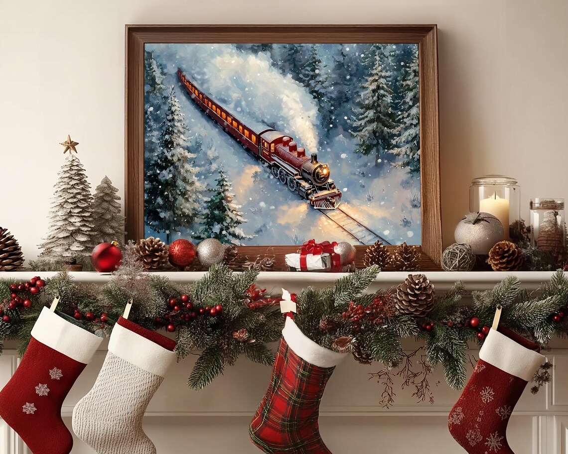 Red Steam Locomotive with Glowing Cars Crossing Snowy Pines Poster - Image 5