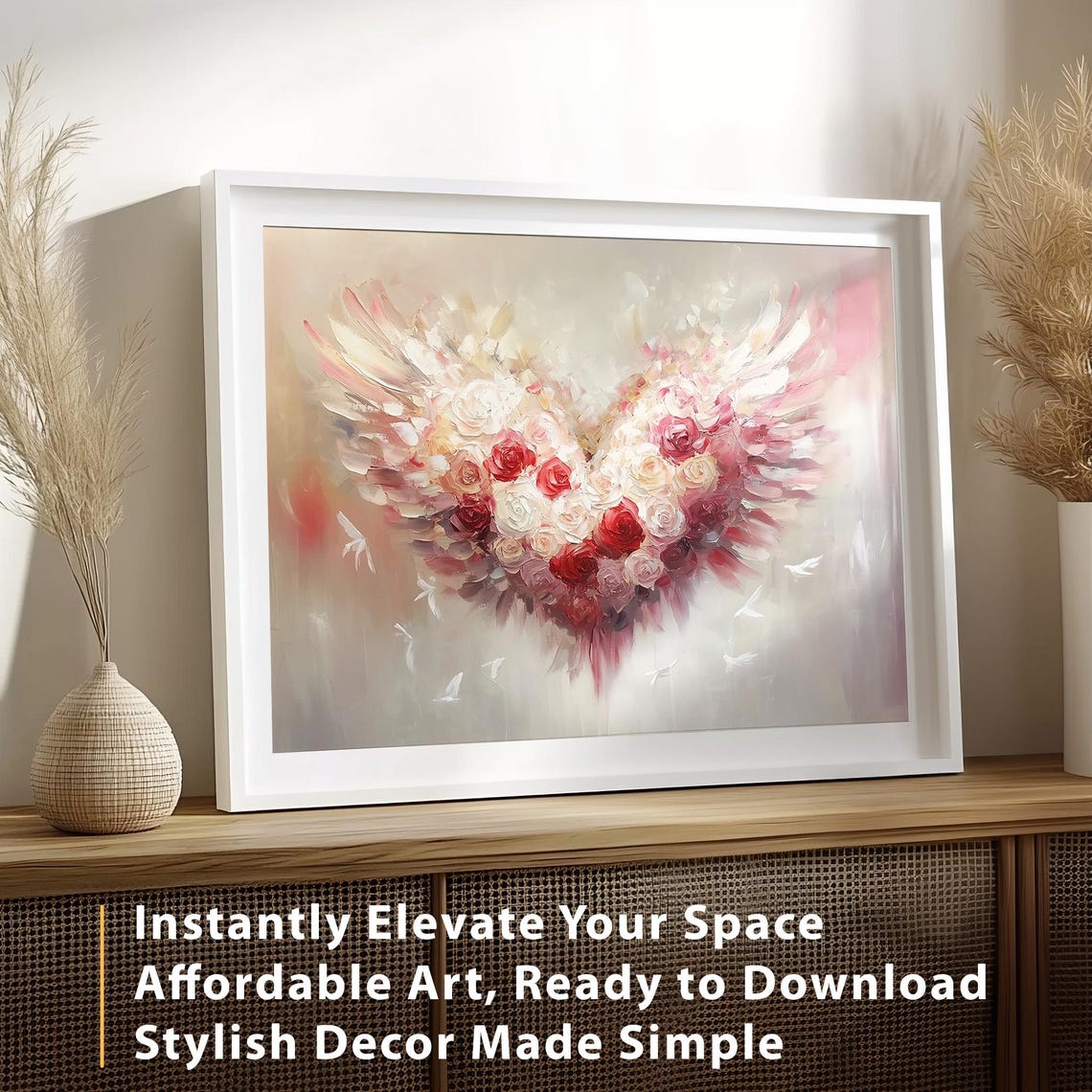 Valentines Rose Heart Angel Wings Floral Painting Romantic Wall Art