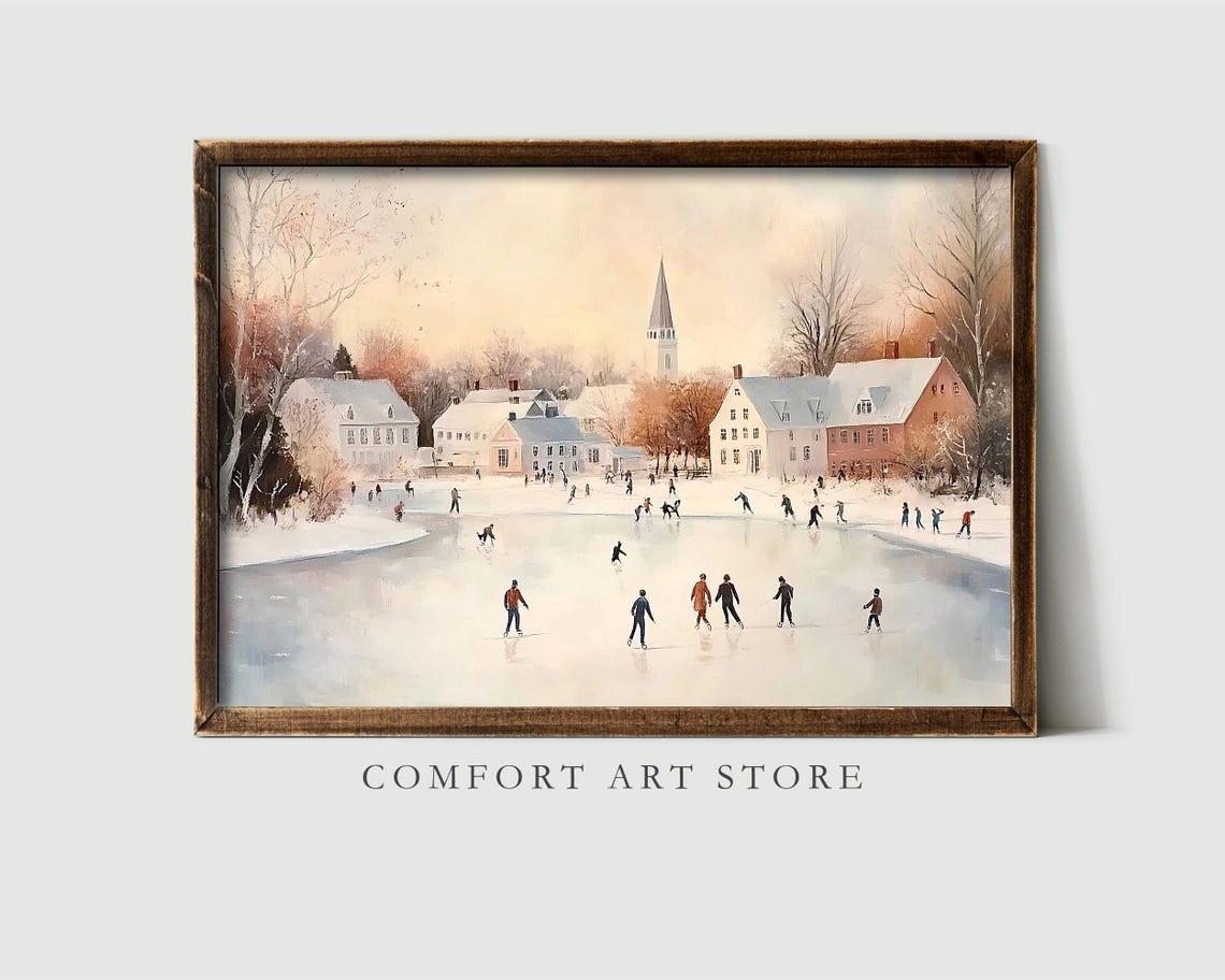People Ice Skating on Village Pond in Vintage Winter Wall Art - Image 7
