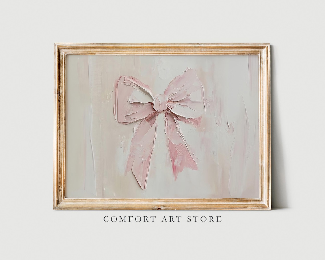 Pink Bow Print, Vintage Oil-Painting Style Art Print
