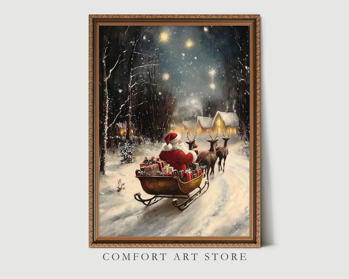 Santa Claus Sleigh Reindeer Snowy Village Starry Night Classic Poster - Image 7