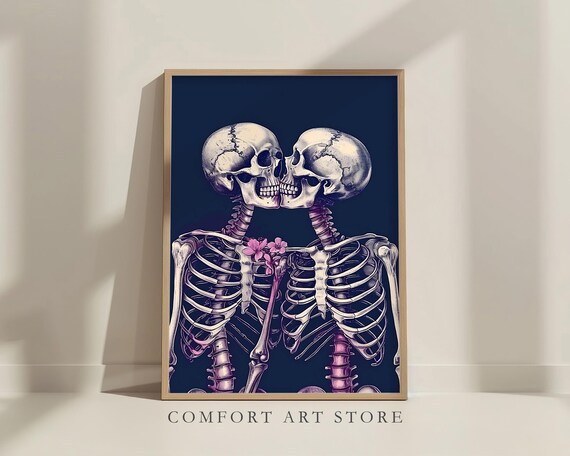 Sweet Skeleton Couple Embracing Pink Flowers Gothic Romance Poster