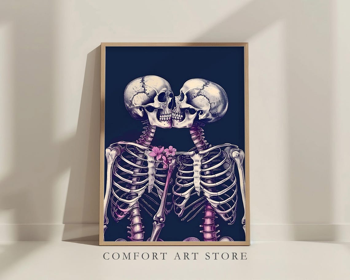 Sweet Skeleton Couple Embracing Pink Flowers Gothic Romance Poster