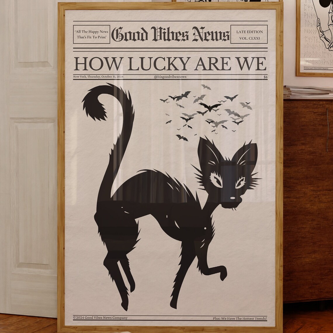 How Lucky Are We Newspaper Poster Gothic Black Cat Bats Halloween Artwork