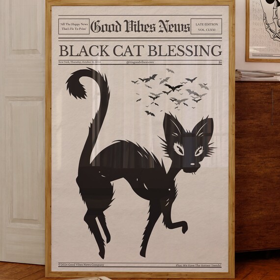 Black Cat Blessing Newspaper Poster Gothic Halloween Black Cat Bats Art