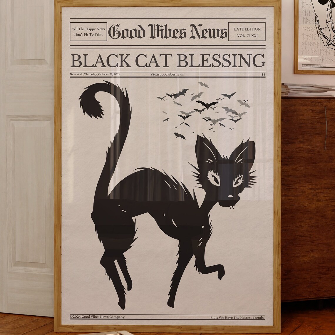 Black Cat Blessing Newspaper Poster Gothic Halloween Black Cat Bats Art