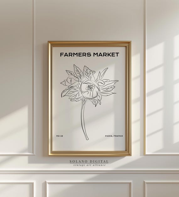 Farmers Market Floral Line Drawing Minimalist Botanical Art Parisinspired Wall Decor For Kitchen Or Dining