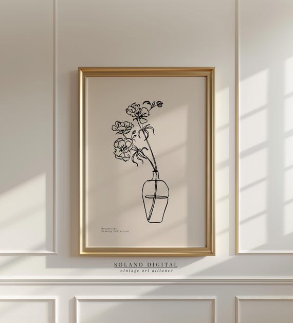 Minimalist Flower Vase Line Art Print Botanical Wall Black And White Poster Modern Artwork