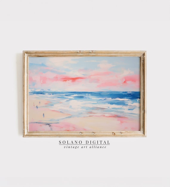 Abstract Coastal Painting Wall Art Vintage Beach Print Girly Apartment Decor Seascape Pink Blue