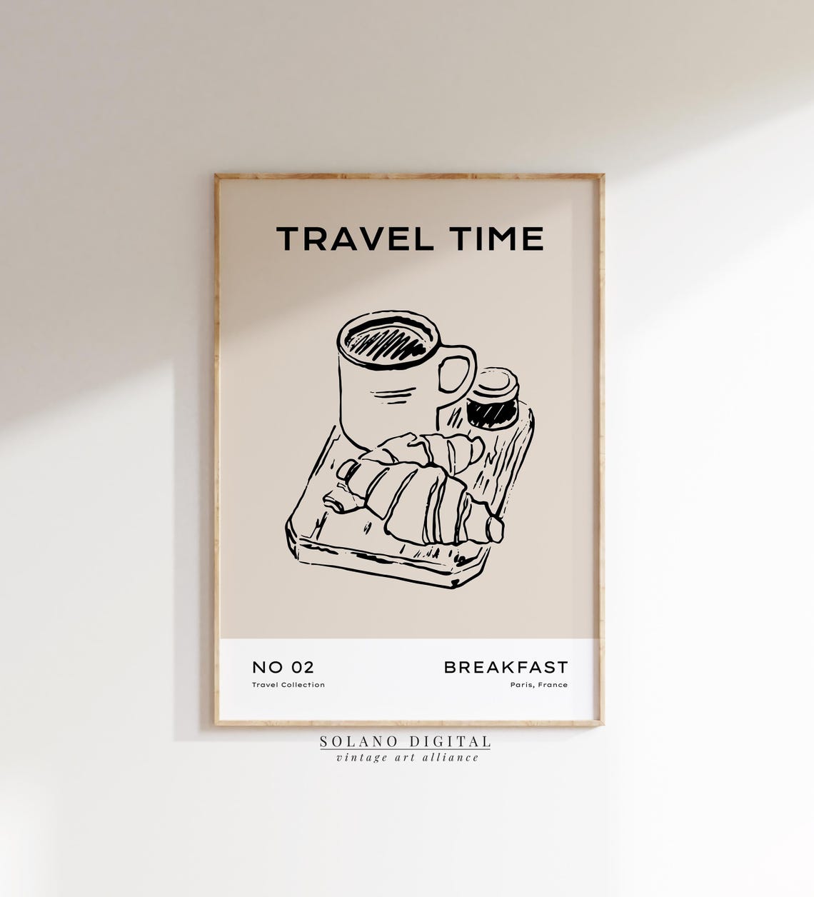 Travel Time Paris Breakfast Coffee Croissant Line Art Poster