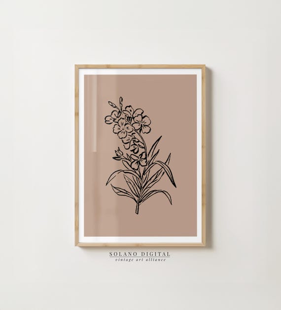 Minimalist Botanical Print Black Floral Line Drawing On Brown Background Art For Modern Decor