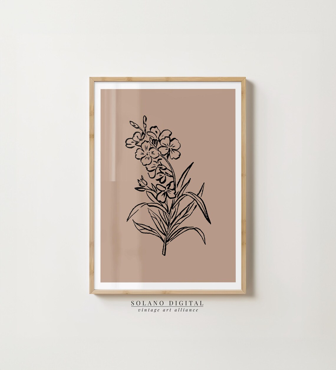 Black Floral Line Art on Taupe Minimalist Vintage Botanical Art Poster