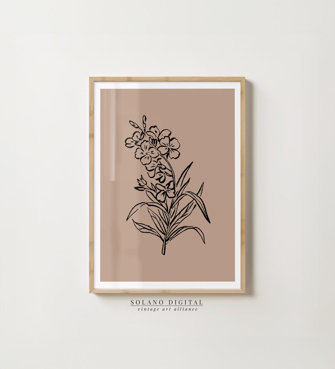 Minimalist Botanical Print Black Floral Line Drawing On Brown Background Art For Modern Decor