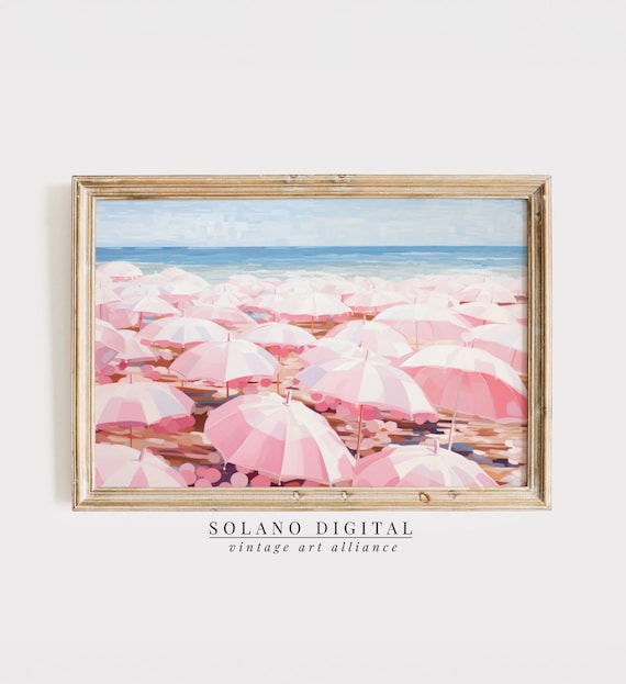 Pink Beach Umbrellas Coastal Scene Vintage Style Painting Poster