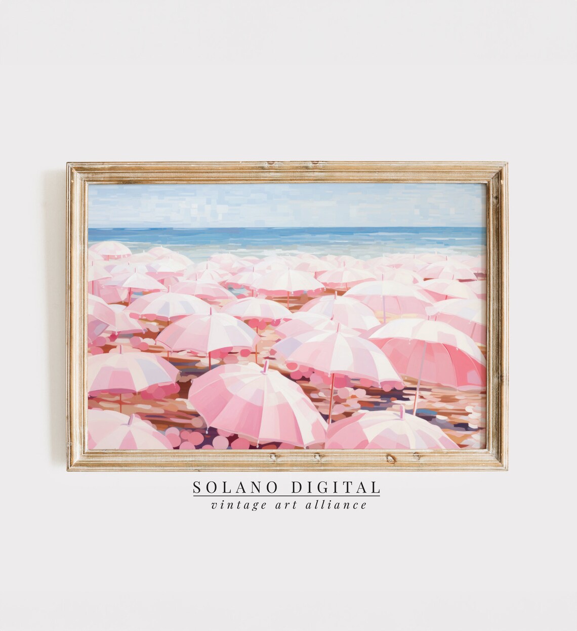 Pink Beach Umbrellas Coastal Scene Vintage Style Painting Poster