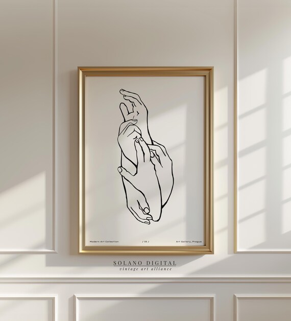 Minimalist Hands Line Art Modern One Drawing Wall Boho Scandi Decor Black And White Print