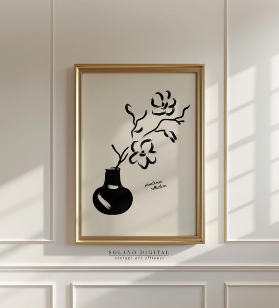 Minimalist Botanical Line Art Black White Vase Flower Print Japandi Scandinavian Decor Boho Neutral Poster