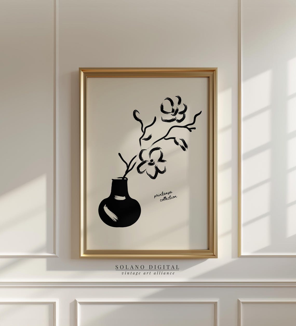 Printemps Black Vase Floral Brushstroke Minimalist Bloom Poster