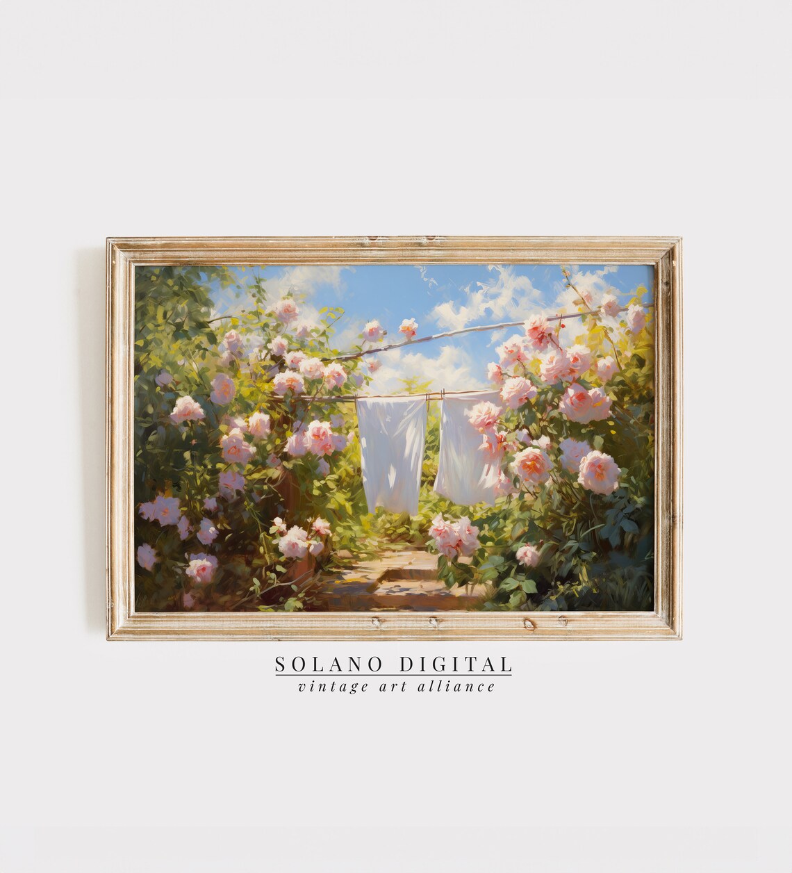 Rose Garden Laundry Line Sunny Vintage Cottagecore Painting Poster