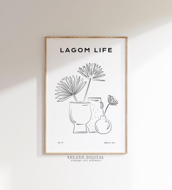 Lagom Life Vase Line Art Print Minimal Botanical Poster Modern Neutral Wall Decor Scandinavian Style