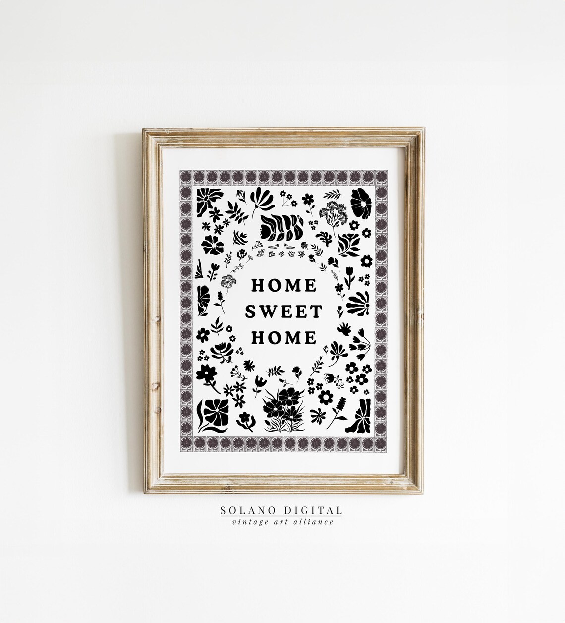 Bold Black Folk Floral Wreath Home Sweet Home Quote Art Poster