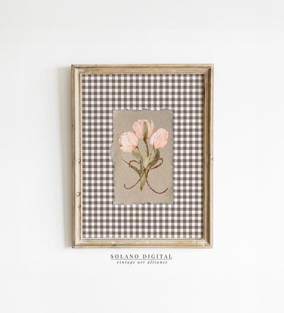 Pink Tulips Gingham Check Vintage Floral Spring Garden Poster