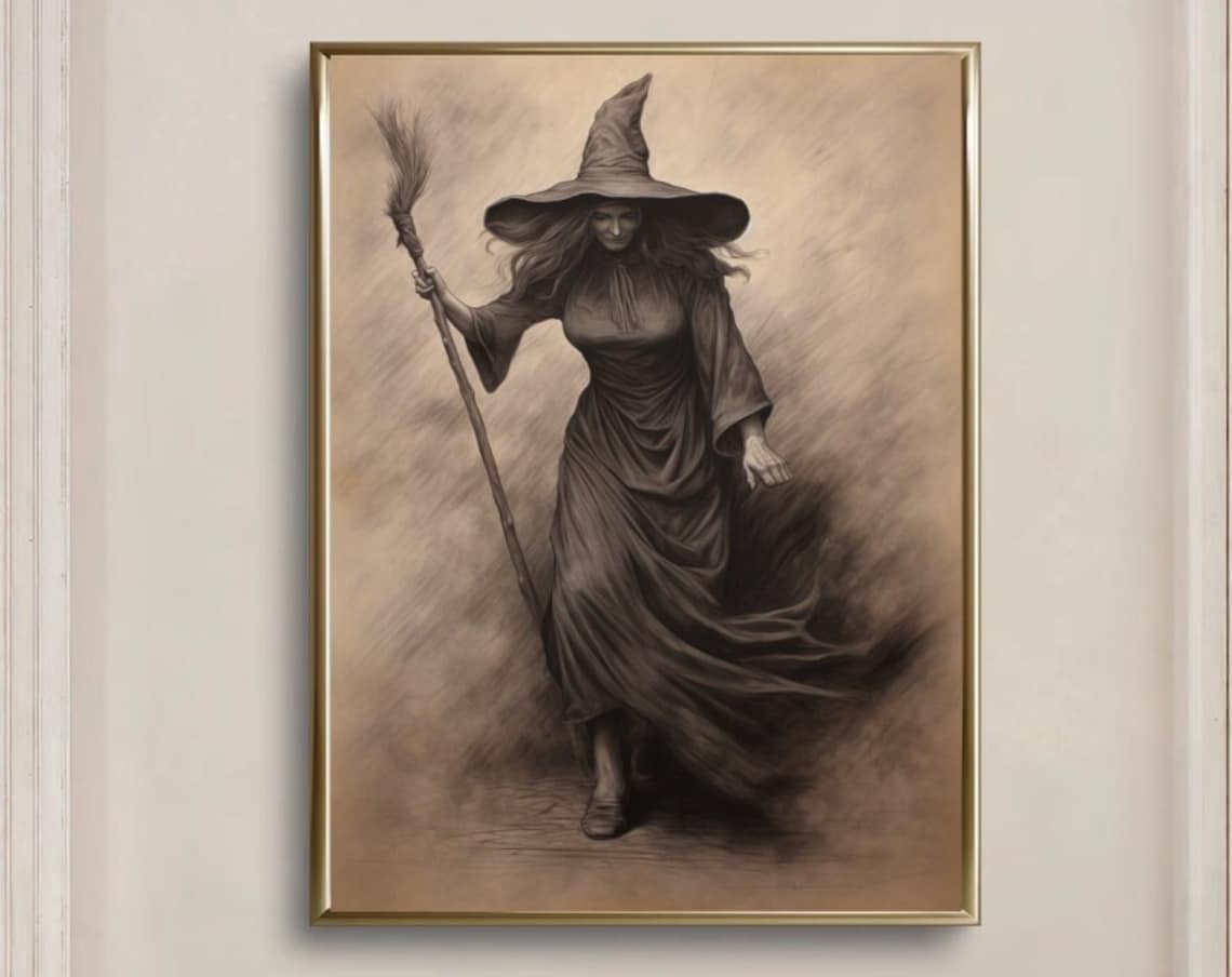 Tall Hat Witch With Broom Charcoal Sketch Vintage Witchy Halloween Poster