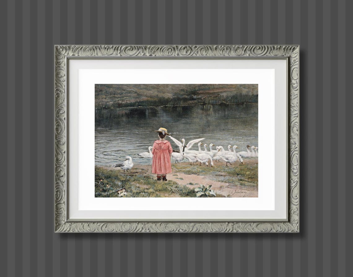 Vintage French Girl Bedroom Artwork, Birds Landscape