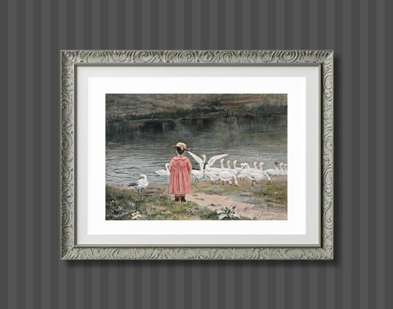 Vintage French Girl Bedroom Artwork, Birds Landscape