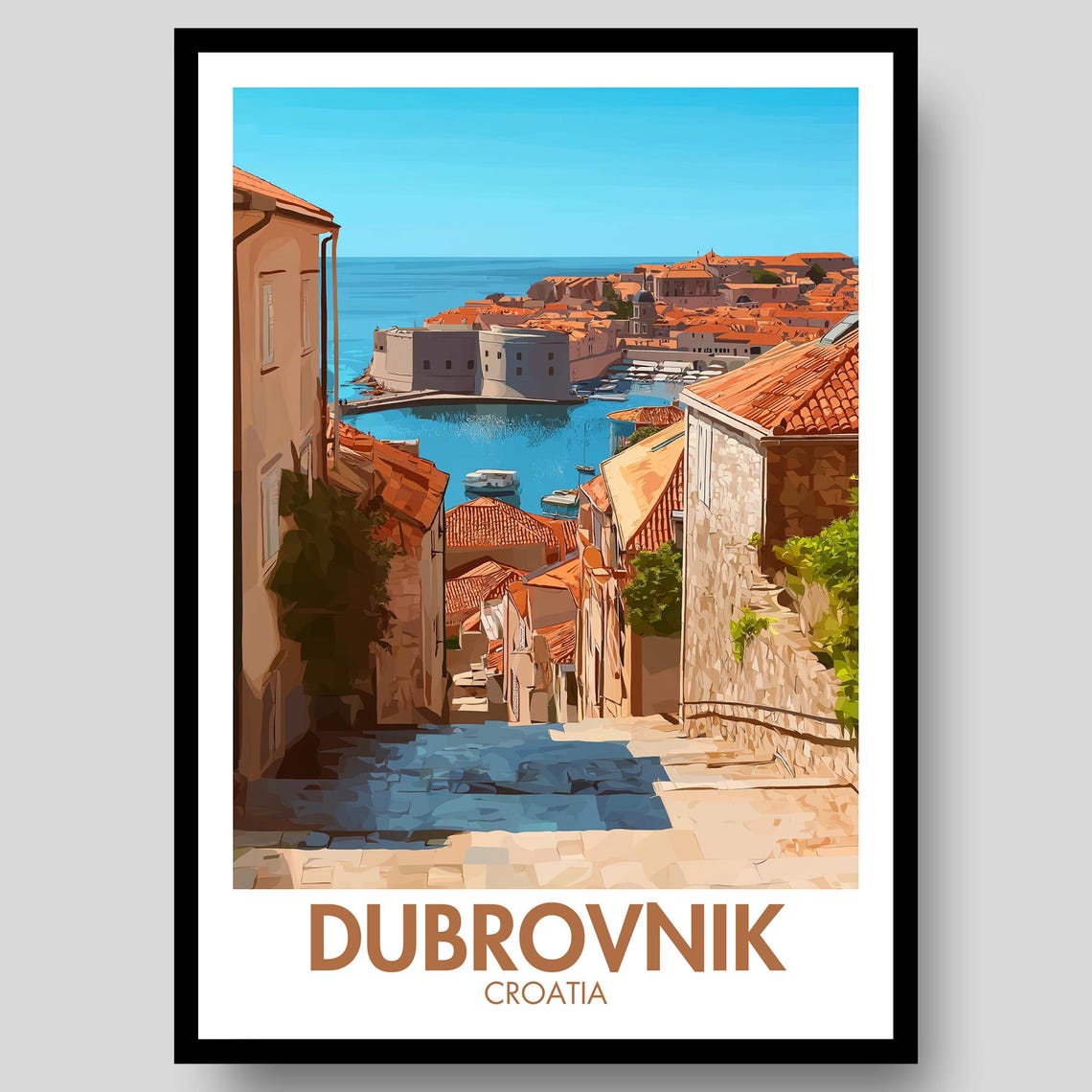 Dubrovnik Croatia Old Town Harbor Sea Stairs Retro Travel Poster