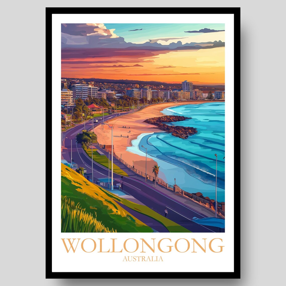 Wollongong Australia Sunset Coastal Road Beach City Travel Poster