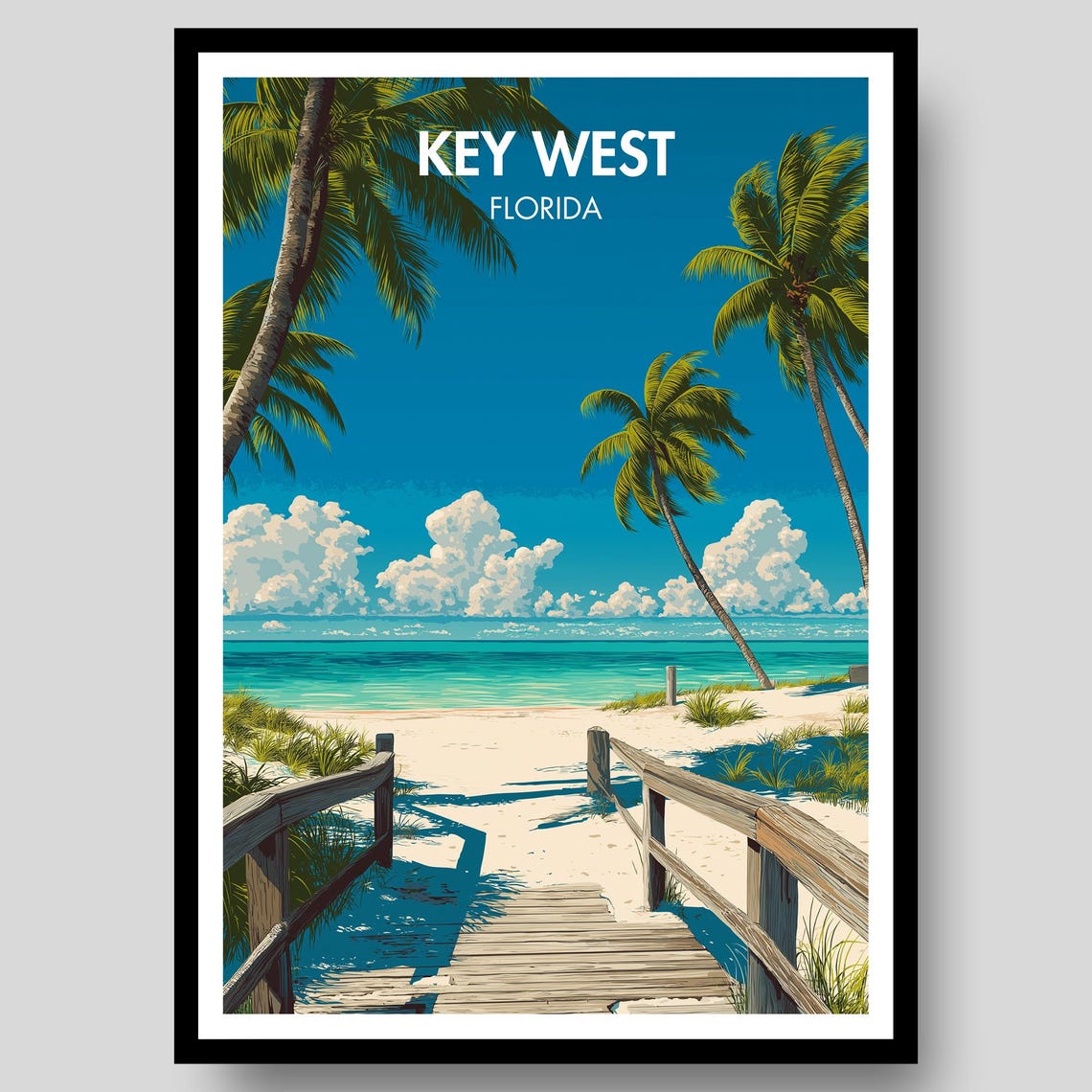 Key West Florida Ocean Boardwalk Palm Shadows Tropical Shore Poster