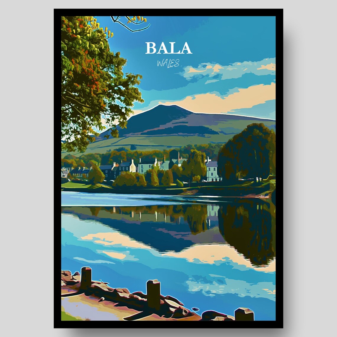 Bala Wales Mountain Lake Reflections Lakeside Village Travel Poster