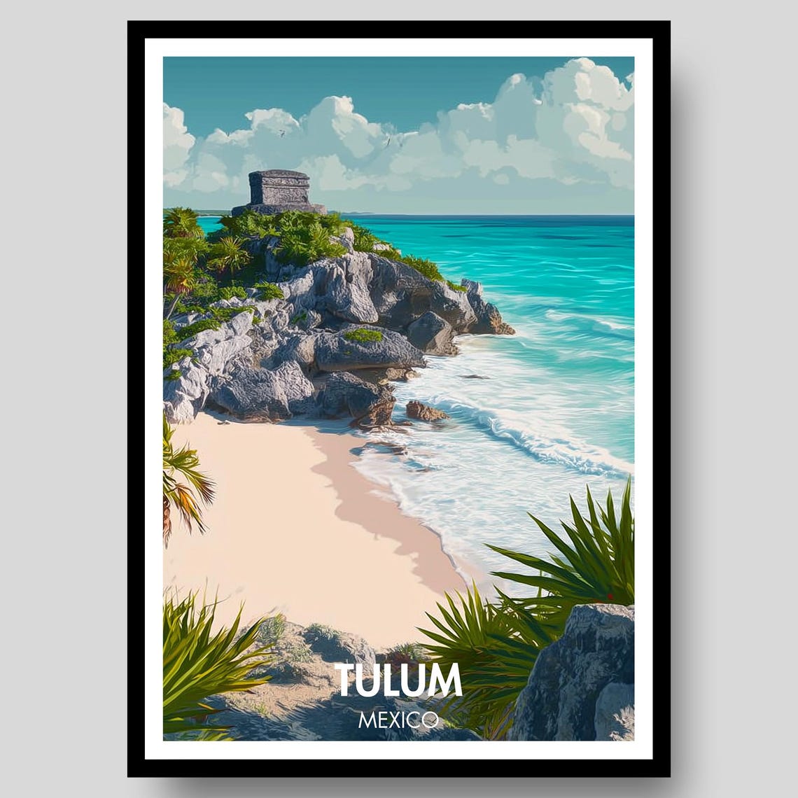 Tulum Mexico Mayan Ruins Cliffs Turquoise Beach Travel Poster