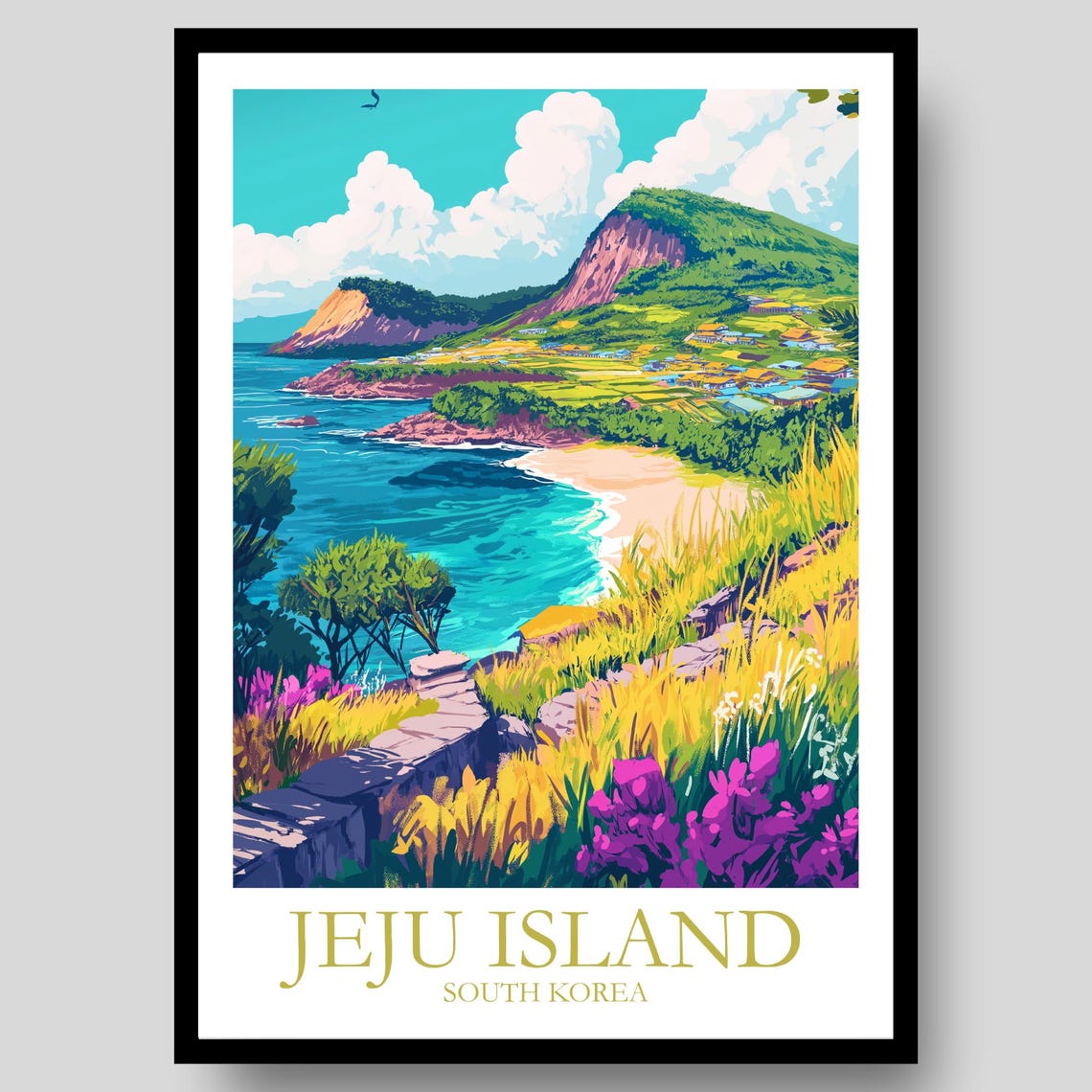 Jeju Island South Korea Coastal Cliffs Turquoise Sea Travel Poster