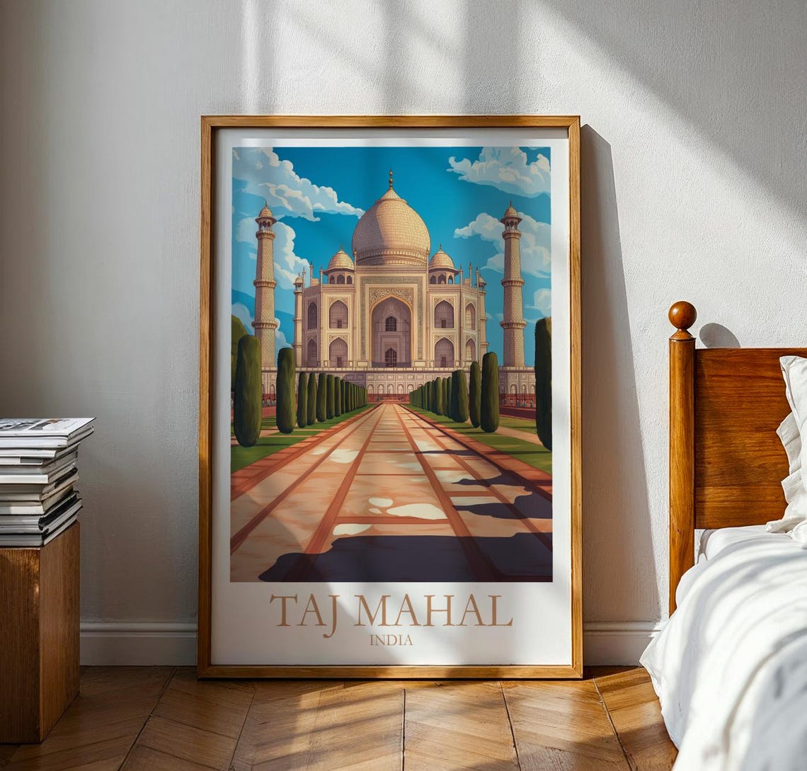 Taj Mahal India Iconic Mausoleum Vintage Style Travel Poster