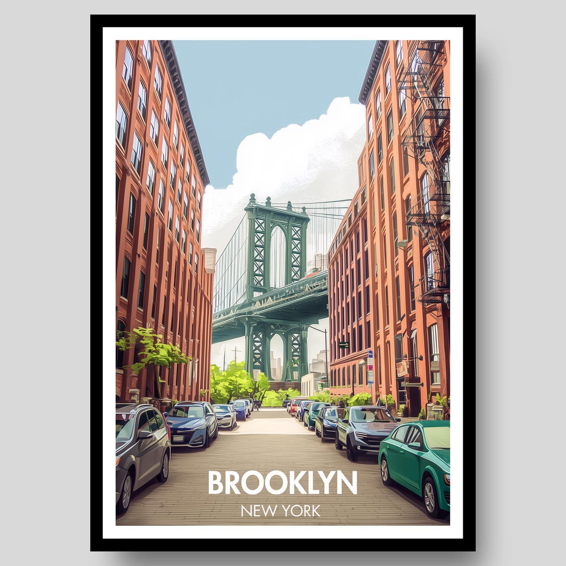 Brooklyn New York Manhattan Bridge Street View Illustrated Poster