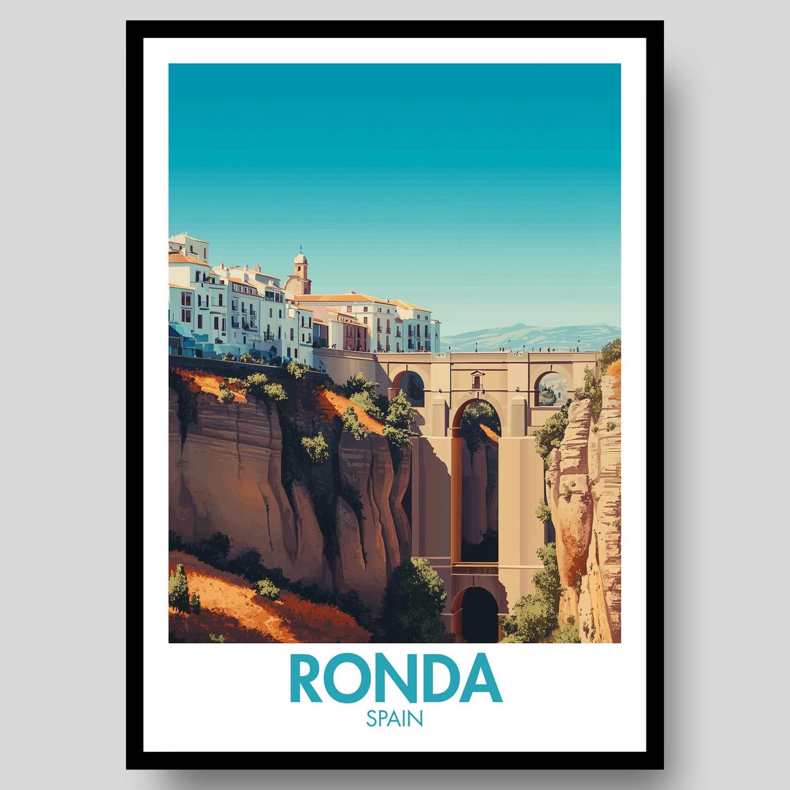 Ronda Spain Puente Nuevo Bridge Canyon Vintage Travel Poster