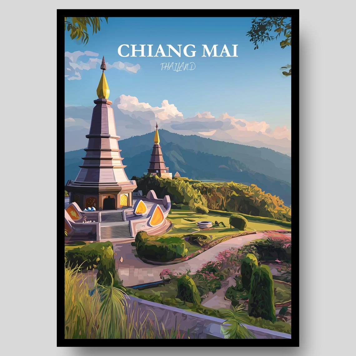 Chiang Mai Thailand Twin Stupas Hillside Temple Blue Sky Poster