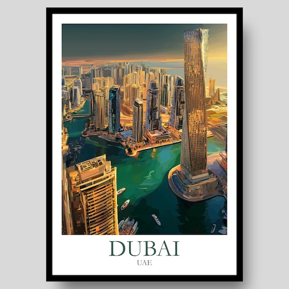 Dubai UAE Skyline Sunset Marina Aerial Cityscape Travel Poster
