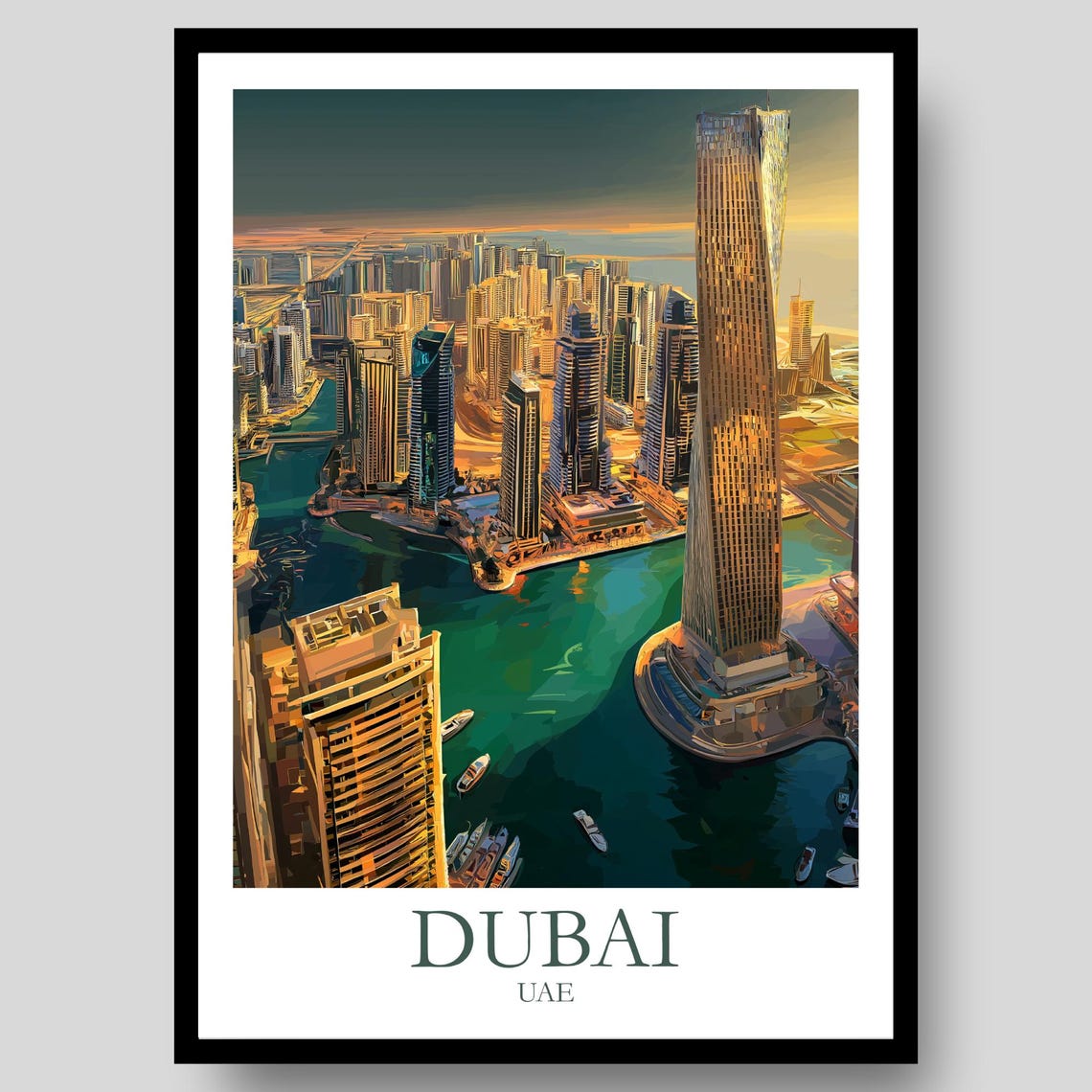 Dubai UAE Skyline Sunset Marina Aerial Cityscape Travel Poster