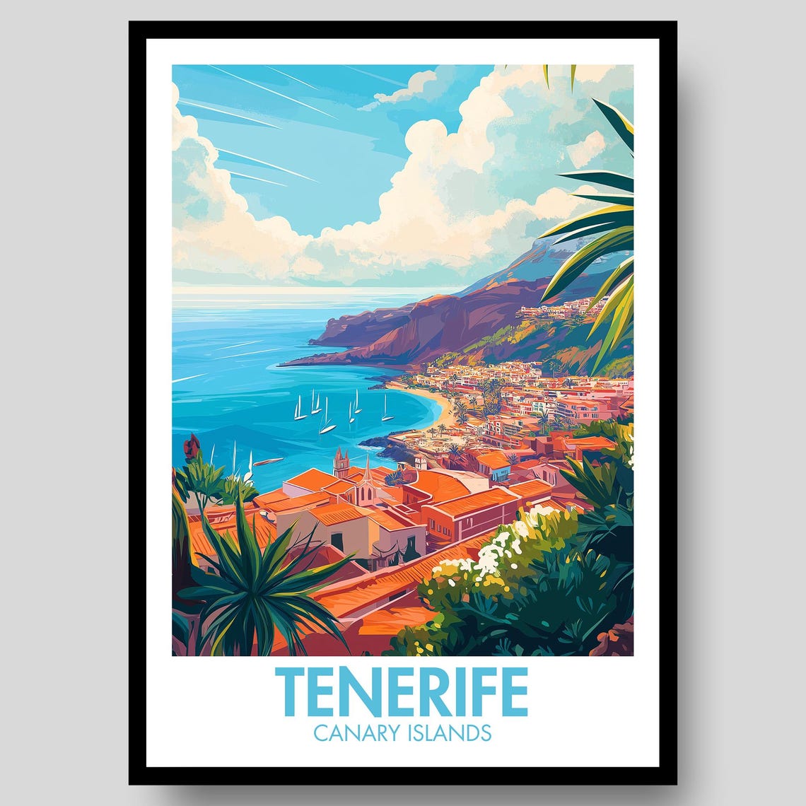 Tenerife Canary Islands Coastal Bay Sailboats Volcano Travel Poster