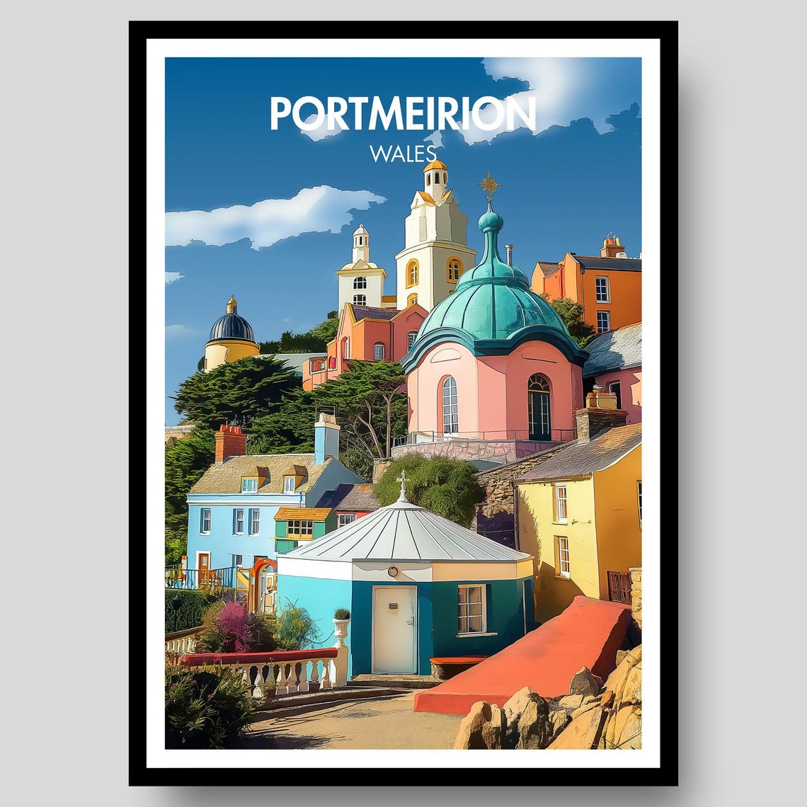Portmeirion Wales Colorful Italianate Village Retro Travel Poster