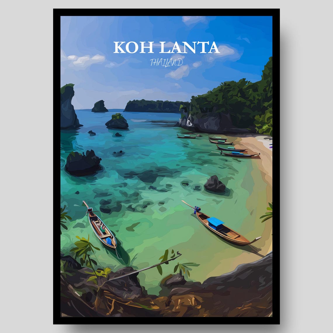Koh Lanta Thailand Longtail Boats Turquoise Cove Scene Poster