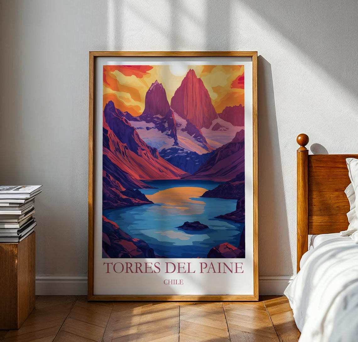 Torres Del Paine Chile Sunset Peaks National Park Travel Poster