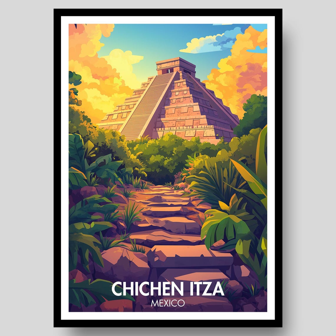 Chichen Itza Mexico Mayan Pyramid Jungle Sunset Travel Poster Art