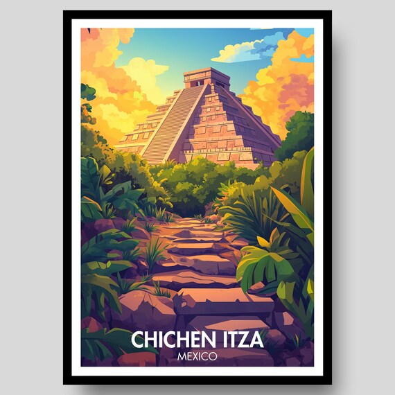 Chichen Itza Mexico Mayan Pyramid Jungle Sunset Travel Poster Art
