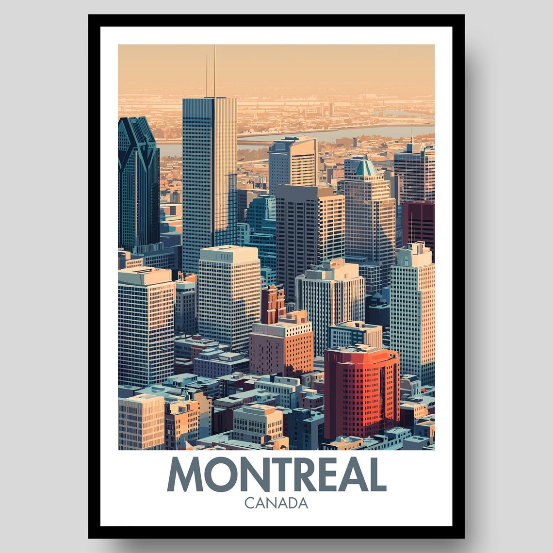 Montreal Canada Downtown Aerial Skyline Sunset Retro Travel Poster