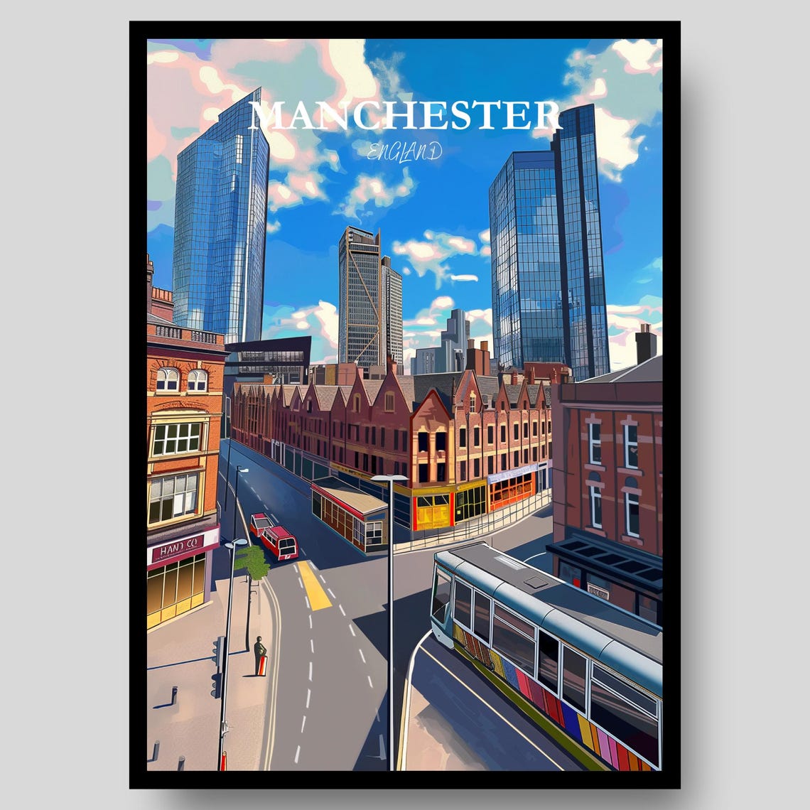 Manchester England Historic Tram City Street Scene Art Poster