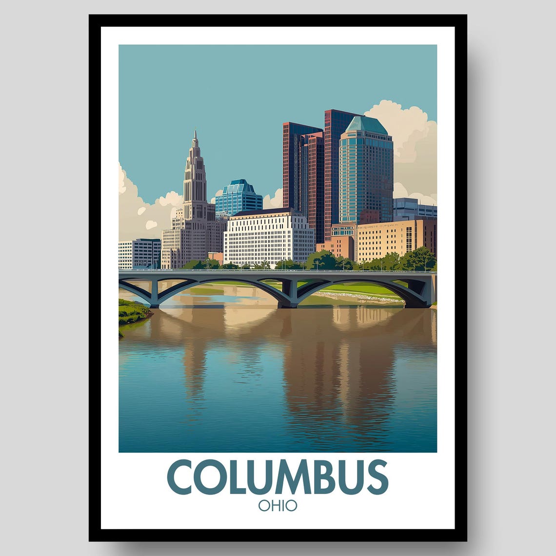 Columbus Ohio Downtown Skyline Bridge River View Travel Poster